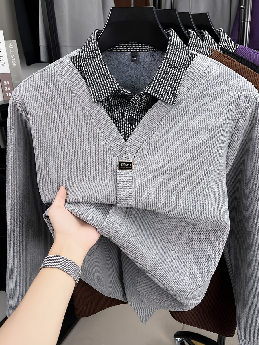 Men's Thick Warm Sweater Suitable for Winter - V-Neck Square Collar Knit Pullover with Color-Blocking Collar, Base Layer Sweater for Layering, Machine Washable Casual Warm Sweaters for Office & Casual Attire (Regular Fit) - Grey