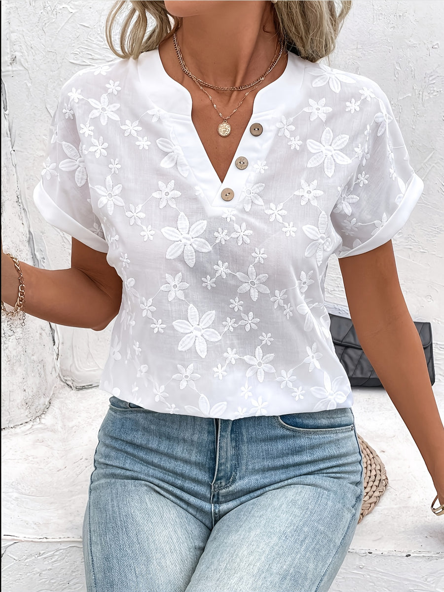 Women'S Loose White Shirt with a Summer Floral Pattern And a V-Neck Batwing Sleeve Design. - White
