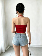 Women'S Spring Summer Halter Neck Solid Color Cami Tank Top, Spicy Sheer Short Top for Inner Wear And Outer Wear, Classic Versatile Style - Red