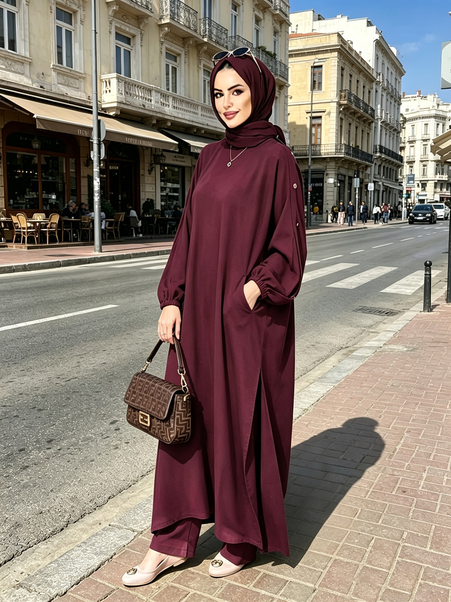 2026 New Loose, Casual And Fashionable, Commuting All-Purpose Long Two-Piece Set with Round Neck And Golden Button Pocket Design - 8075 Deep Purple Red