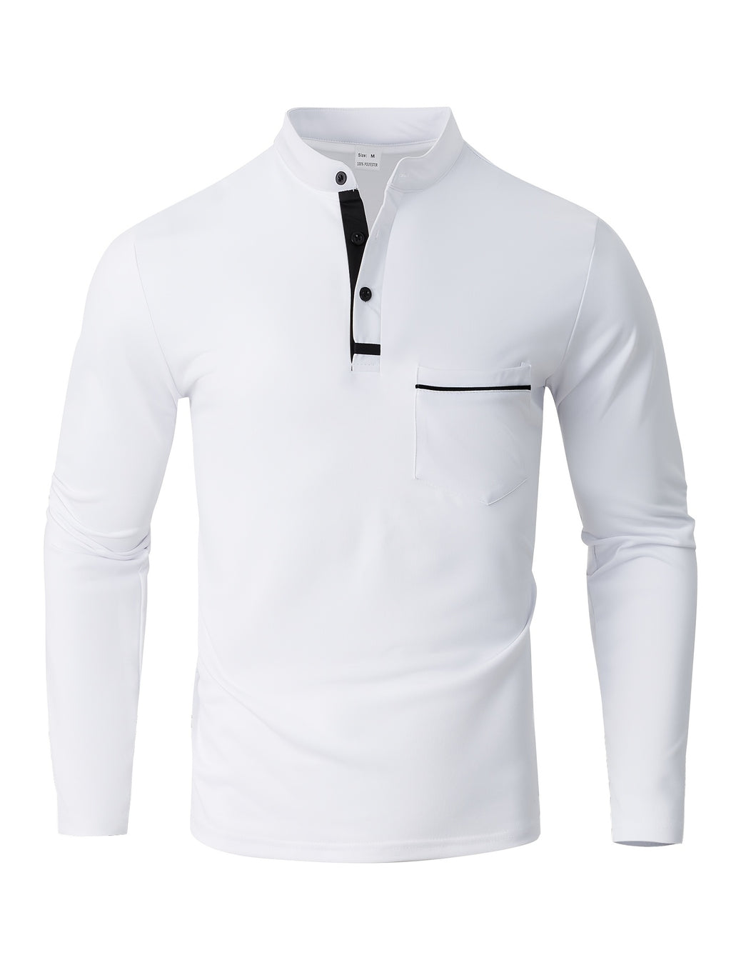 [JOSHIMAI OBM] 2pcs Men'S Long Sleeve Henley Shirts, Soft Comfortable Stretch Fabric, Lightweight Breathable Easy Care, Stand Collar 3-Button Placket Design, Contrast Color Placket And Pocket Details, Suitable for Office Commute, Business Casual - White+light Blue