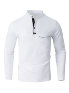 [JOSHIMAI OBM] 2pcs Men'S Long Sleeve Henley Shirts, Soft Comfortable Stretch Fabric, Lightweight Breathable Easy Care, Stand Collar 3-Button Placket Design, Contrast Color Placket And Pocket Details, Suitable for Office Commute, Business Casual - White+light Blue