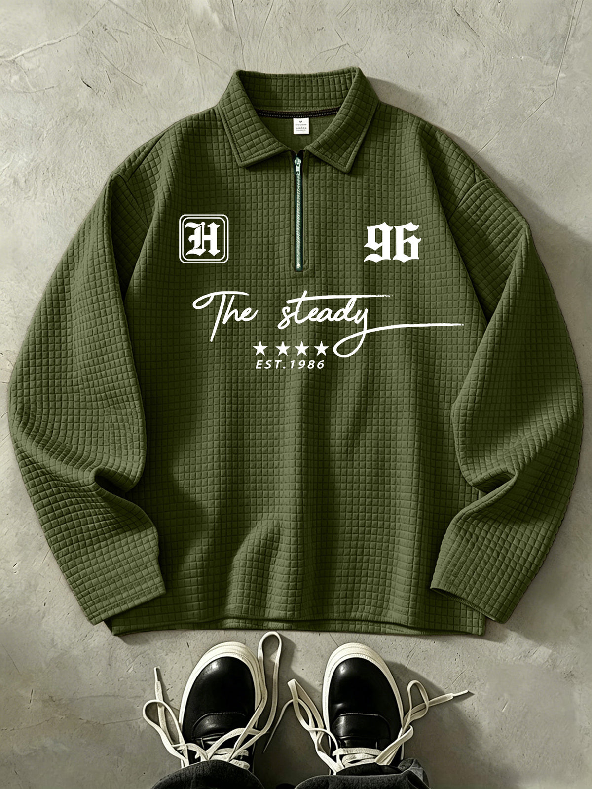 THE STEADY Men'S Half-Zip Fashion Waffle Texture Autumn Winter Casual Athletic POLO Shirt, Street Style Versatile Trendy Long Sleeve Top - Army Green