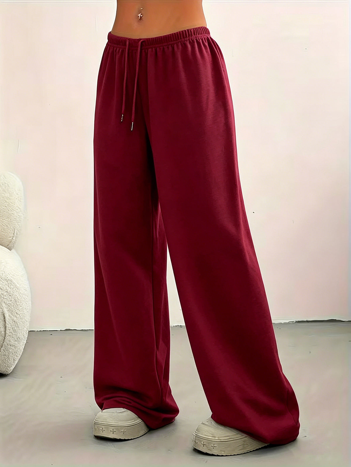 Lazy Style Solid Wide-Leg Pants Women'S High-Waist Drapey Floor-Length Trousers Versatile Casual Sweatpants - Burgundy
