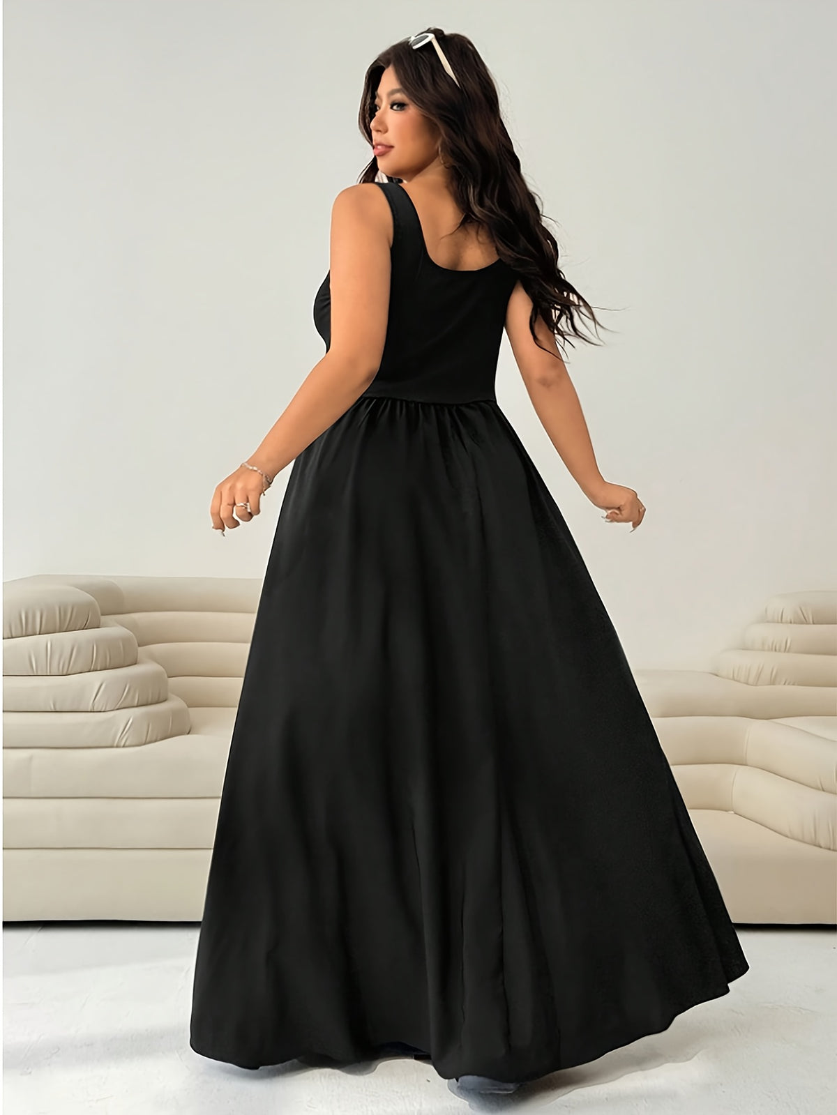 Women's Fashion Dress, Fitted at the Top and Loose at the Bottom, with an Ultra-loose Skirt, Oversized Hem, Sleeveless Long Dress, Stylish and Elegant, High-end and Sophisticated, Suitable for Daily Casual Wear, Parties, Gatherings, and Travel - Black
