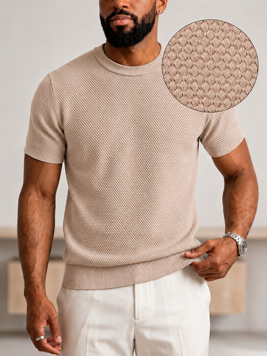Men'S Easy Casual Short-Sleeve Knit Top, Made of Pure with Fine Mesh Texture, Skin-Friendly And Breathable, Relaxed Casual Style, Classic Versatile Design with Exquisite Details, Solid Color for a Warm And Easy Look - Khaki