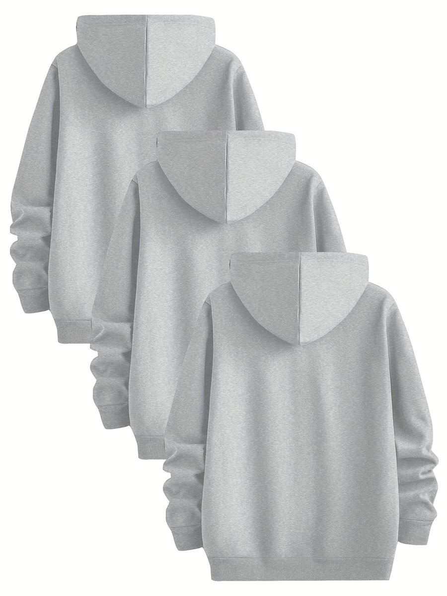 3pcs Urban Element Print Sweatshirt, Men's Casual Hooded Sweatshirt, Long-sleeve Pullover, Slight Stretch, Knitted Polyester Fabric, Regular Men's Hoodie - Light Grey