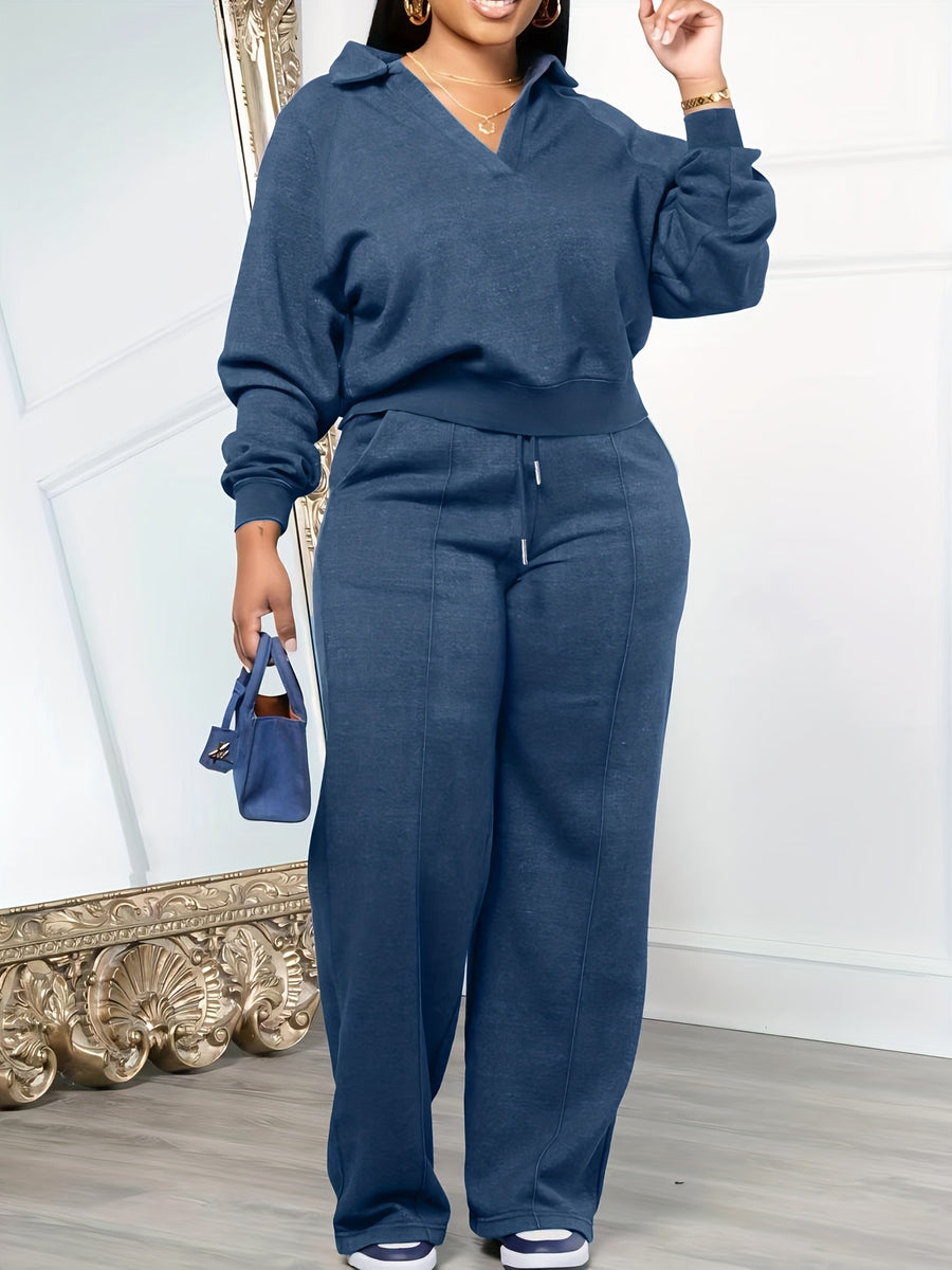 Women'S Casual Easy Solid Color Long Sleeve Hoodie And Pants 2pcs Set, Street Style, Suitable for Spring Autumn Daily Commute And Outing - Navy Color