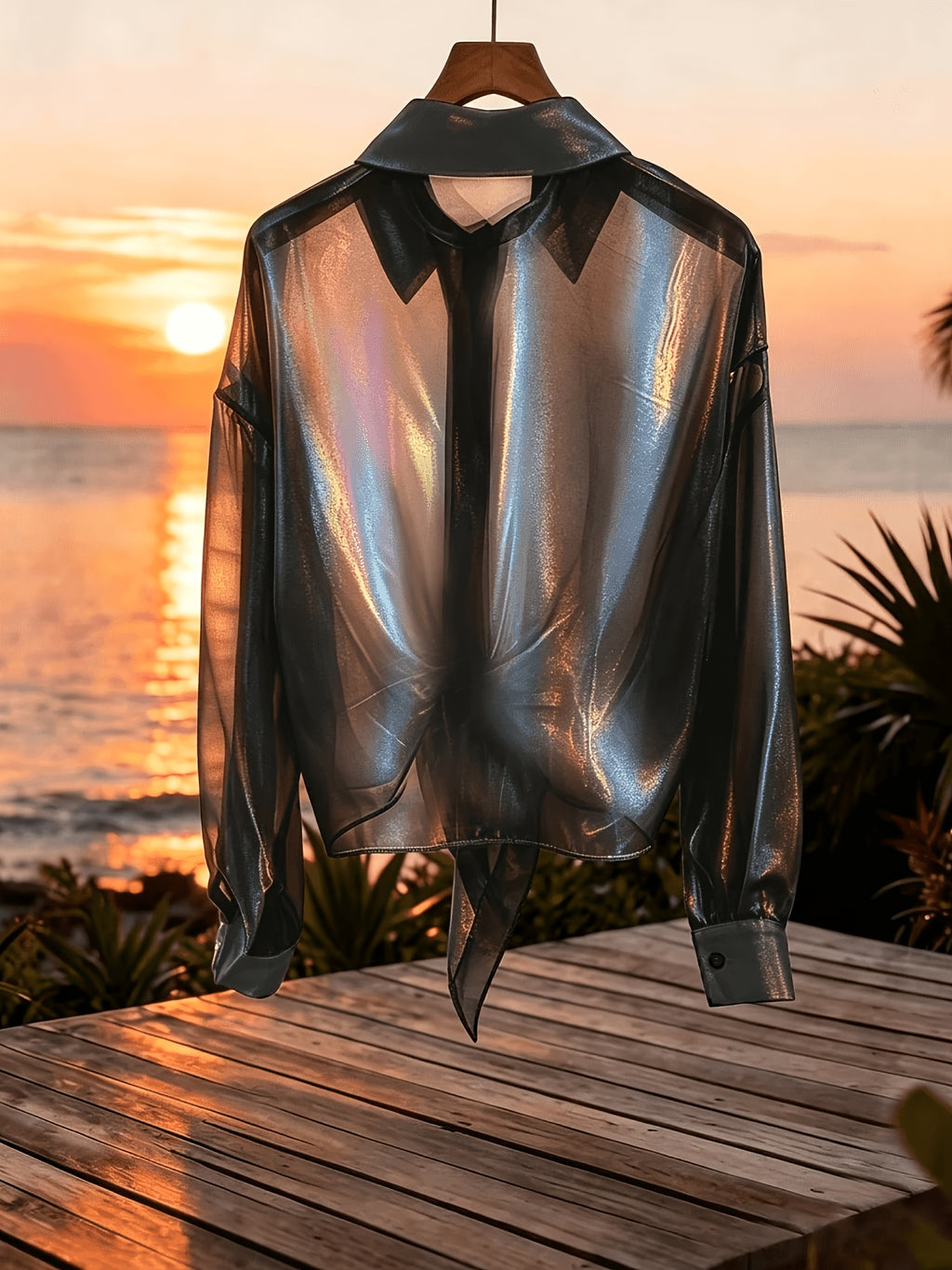 Premium Iridescent Elegant Sheer Chiffon Tie-String Casual Vacation Beautiful Blouse (Women'S Style) - Black