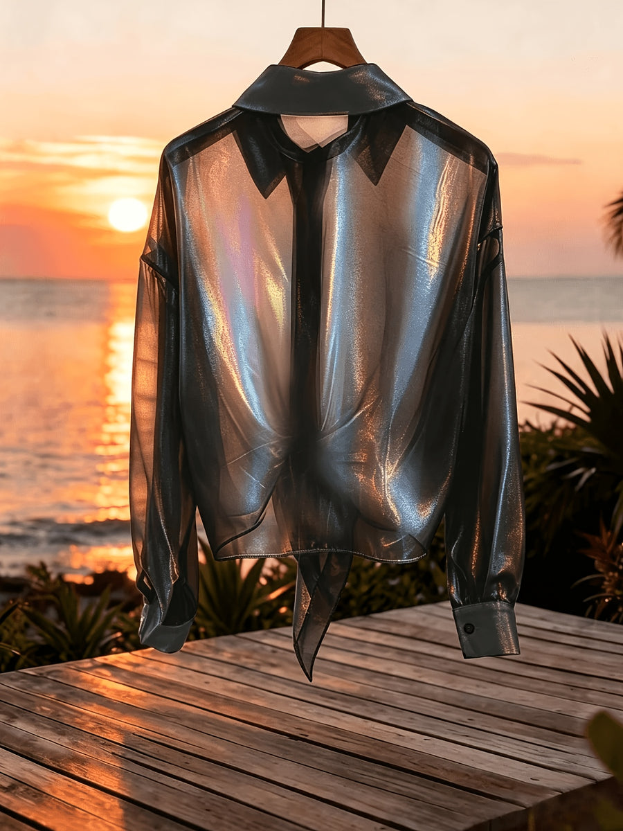 Premium Iridescent Elegant Sheer Chiffon Tie-String Casual Vacation Beautiful Blouse (Women'S Style) - Black
