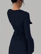 Women'S Solid Ribbed Flared Sleeve Back Tie Traditional Long Dress Elegant Long Dress - Deep Blue