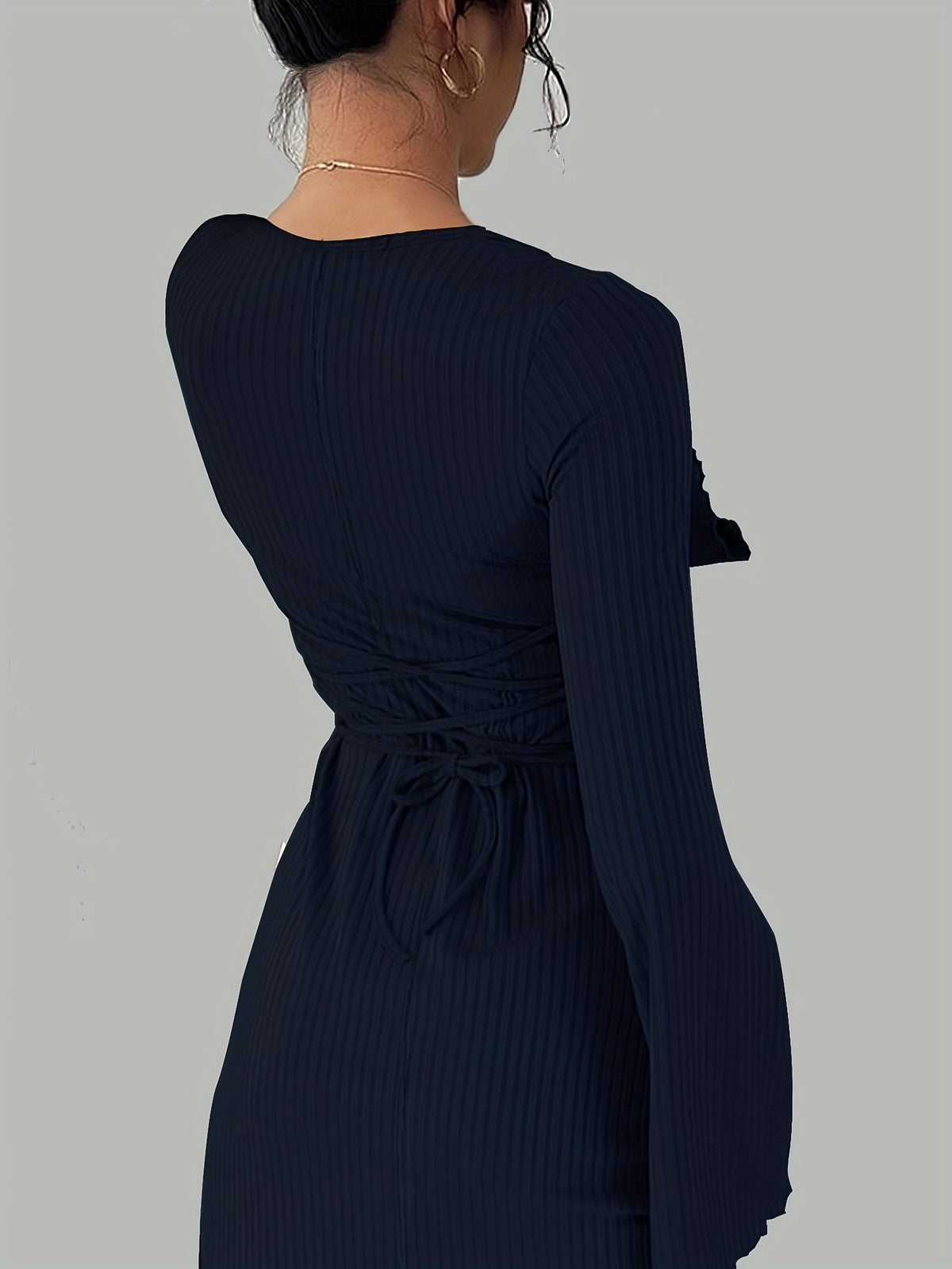 Women'S Solid Ribbed Flared Sleeve Back Tie Traditional Long Dress Elegant Long Dress - Deep Blue