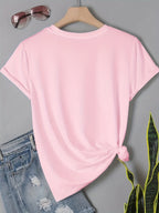 2025 Spring/Summer New Women's Short-Sleeve Top, Simple and Stylish Love Ring Pattern Print, Versatile Daily Wear Round Neck T-Shirt, Circle Pattern - Light Pink Color