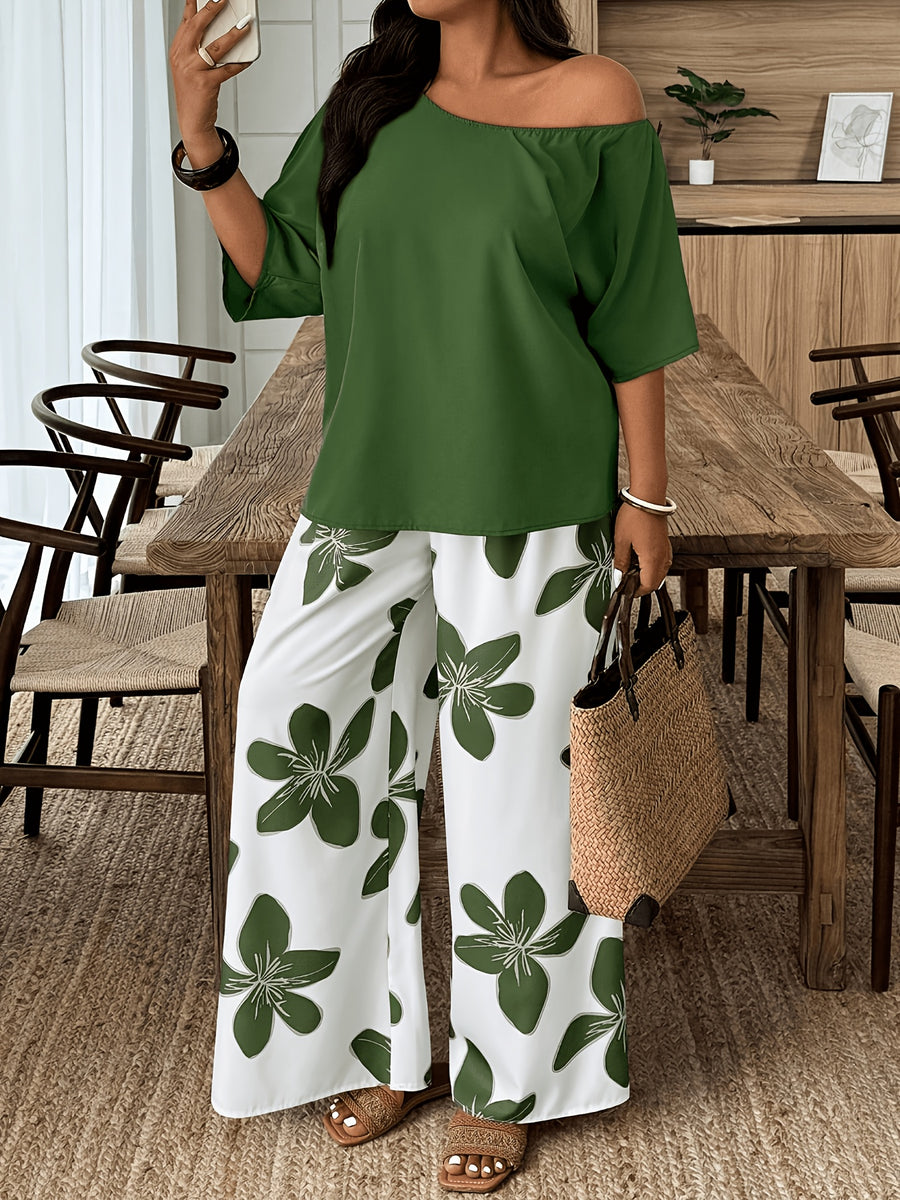 French-Style Elegant Women's Fashion 2pcs Set: Solid Color Off-Shoulder Pullover + Large Blue Floral Print Pants, Comfortable, Breathable, and High-End Casual Outfit - Green