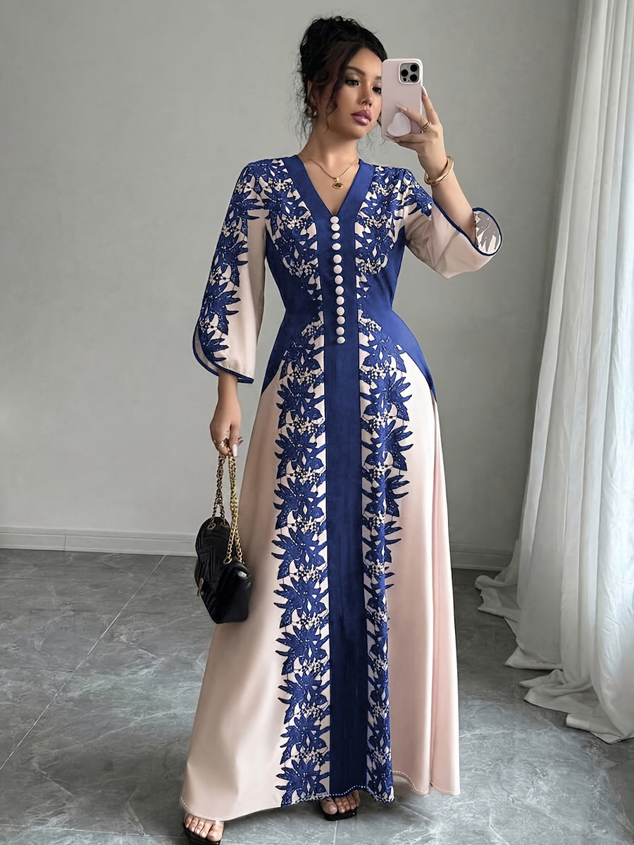 Plus Size, Elegant and Fashionable Plus-size Women's Printed Long-sleeve Dress, Adorned with Buckle Embellishments, Featuring a V-neck and Slit Cuffs. Suitable for Parties, Outings, Romantic Dates, and Daily Wear. Designed for Plus-size Women - Blue