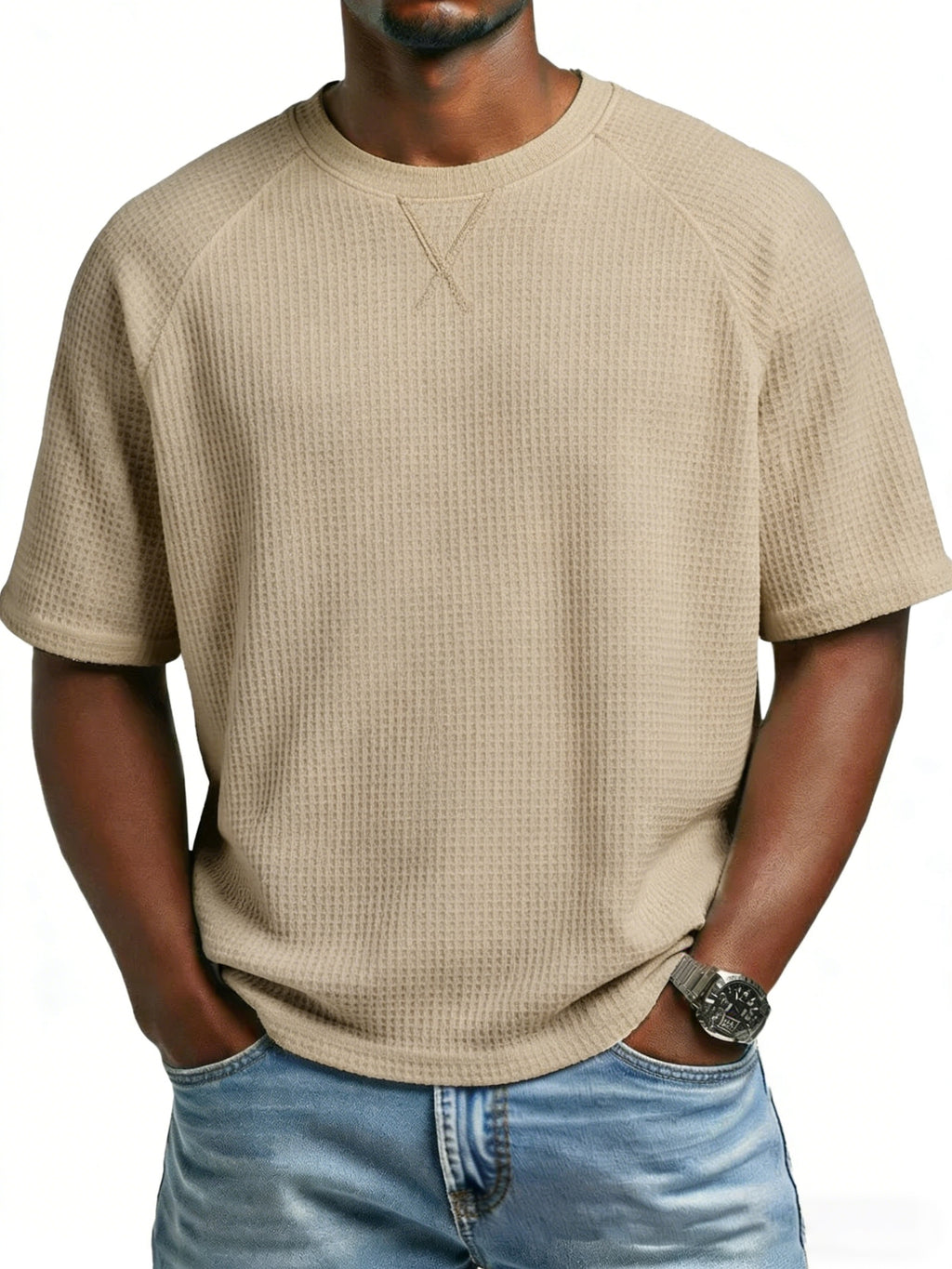 Men'S 2 pc Waffle Knit T Shirts Short Sleeve Crew Neck, Breathable Textured Fabric Casual Tops, Lightweight Soft Comfortable Fit, Ideal for Daily Wear, Travel, Street Fashion And Warm Weather Style - Khaki+Grey