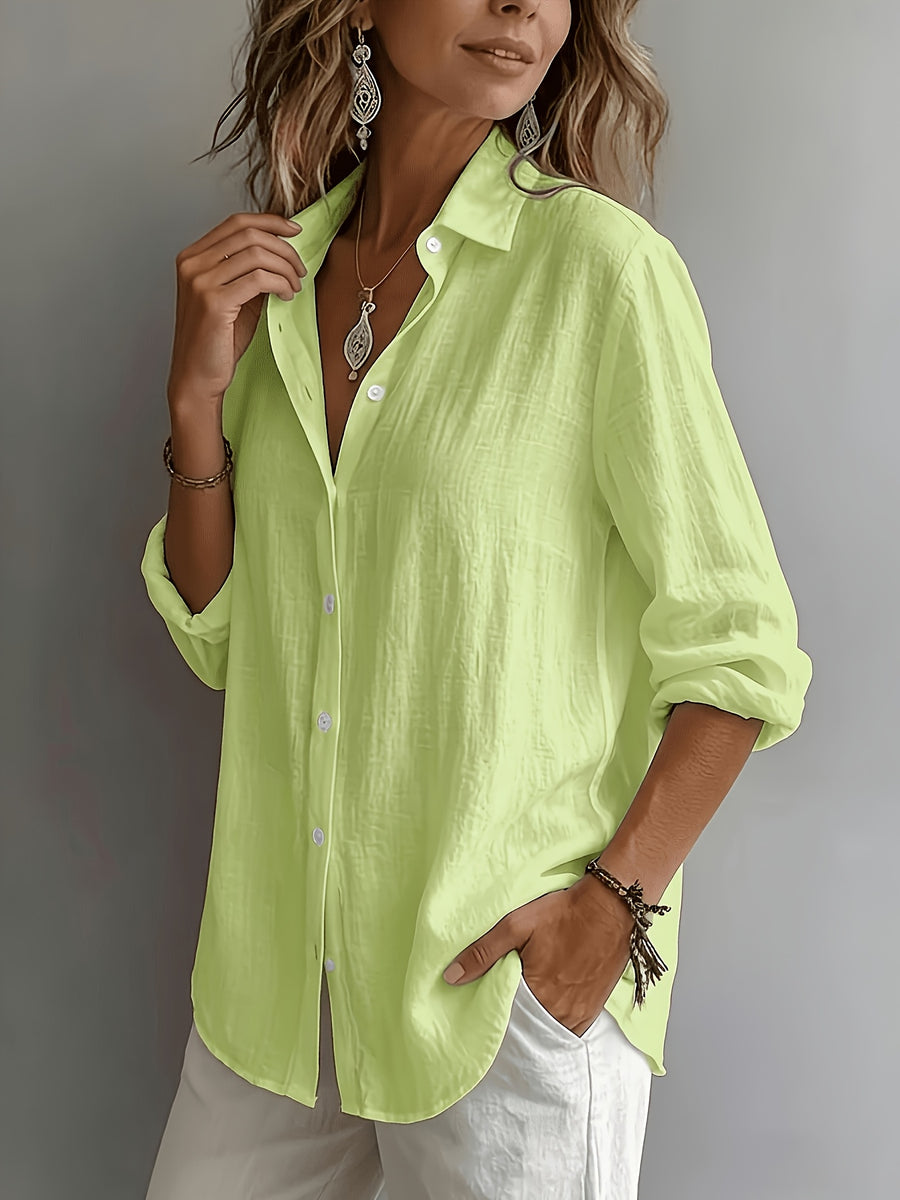 Women's Elegant Lapel Shirt, Loose Straight Fit with Long Sleeves, Lightweight, Comfortable, and Breathable Fabric, Versatile for Commuting and Casual Wear, Loose Straight Cut Flattering Design, Daily Comfortable and Relaxed Style - Green