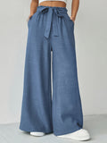 Women'S Solid Color High-Waist Belted Wide Leg Pants with Pockets, Casual Trousers - Royal Blue