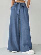 Women'S Solid Color High-Waist Belted Wide Leg Pants with Pockets, Casual Trousers - Royal Blue