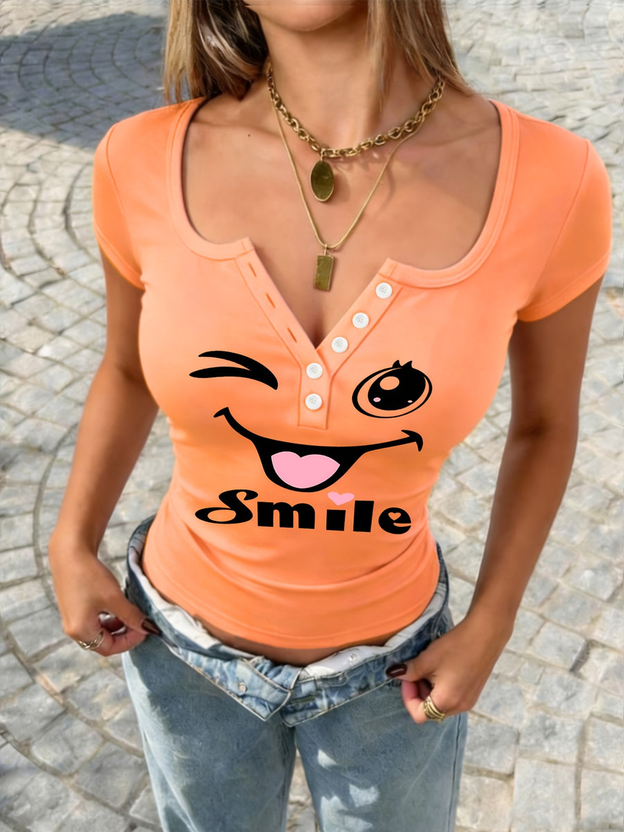 Artistic Smiling Face Pattern, Women'S Hot Outfit with Sexy Design And Buttons, Non-V-Neck Women'S T-Shirt, Suitable for All Four Seasons, Revealing Y20K/Casual/Sports/Commuting/Fashionable/Elegant, Comfortable And Breathable Gift - Tangerine Yellow