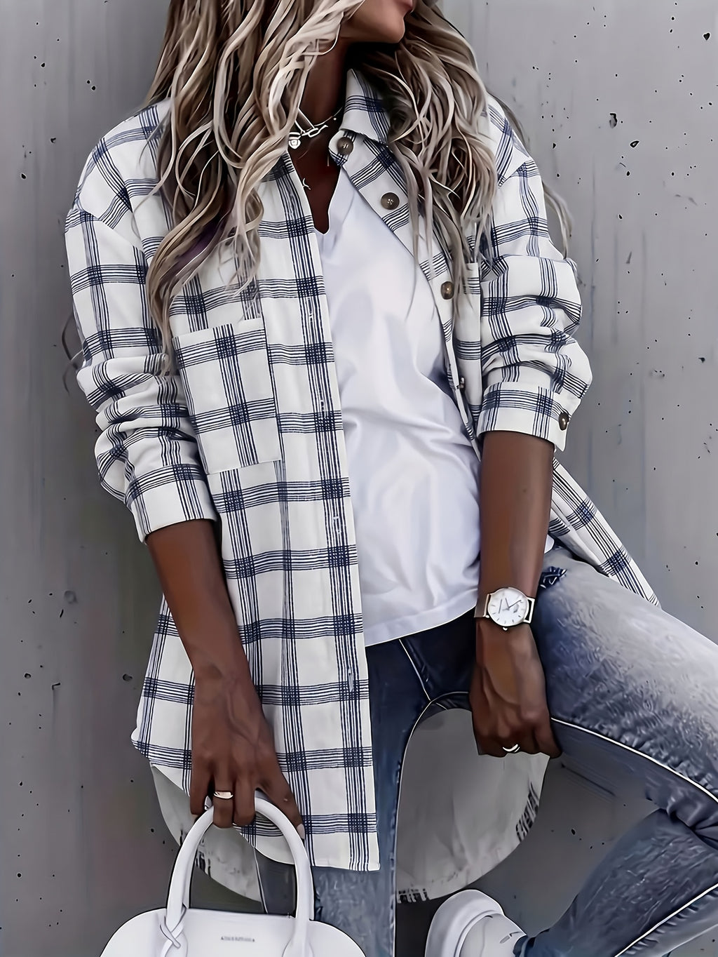 Women'S Casual Plaid Print Long-Sleeve Button-Up Shirt with Pockets - White