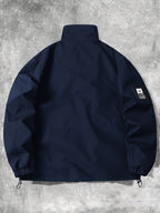 Men's Stand Collar Jacket with Letter Print, Fashionable and Versatile, Large Pocket Design, Suitable for Outdoor Activities, School, Daily Commute, All-Season Wear. XMJK093 - Dark Blue 2