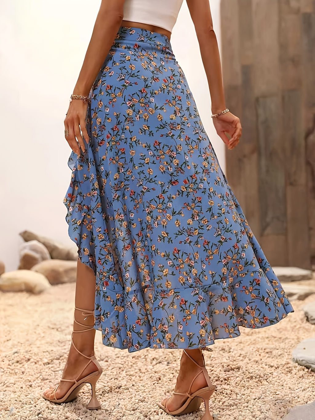 AK260309036 Women's Small Floral Print Ruffle Hem Asymmetrical Hem Skirt, Bohemian Ruffle Hem, Thigh-Split Long Regular Fit High-Waist Black Small Floral Print Skirt for Women, Spring/Summer, Casual Daily Wear Long Vacation Beach Skirt - Peacock Blue
