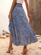 AK260309036 Women's Small Floral Print Ruffle Hem Asymmetrical Hem Skirt, Bohemian Ruffle Hem, Thigh-Split Long Regular Fit High-Waist Black Small Floral Print Skirt for Women, Spring/Summer, Casual Daily Wear Long Vacation Beach Skirt - Peacock Blue