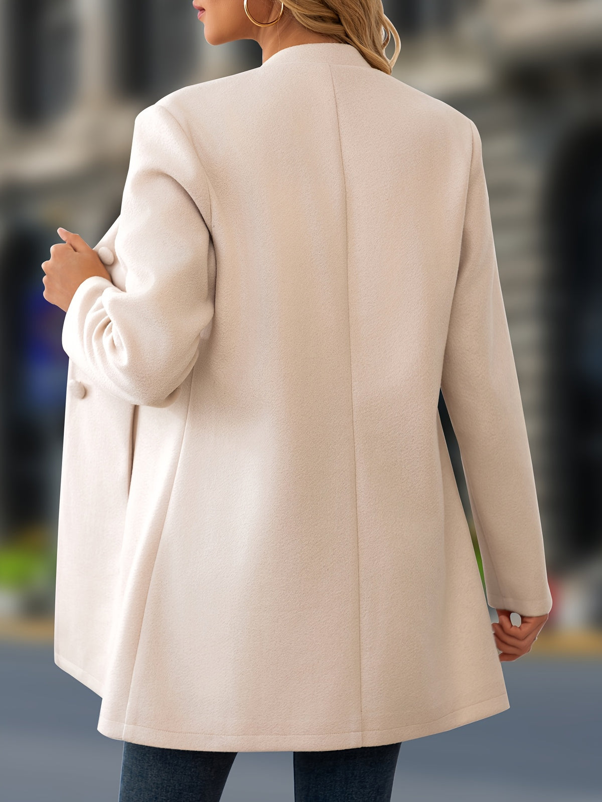Women's Casual Solid Color Thick Tweed Blend Stand Collar Midi Jacket for Autumn/Winter New Arrival - Apricot