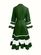 Ramadan 2025 Middle East Cross-border Women's Casual Color-block Pleated Muslim Abaya Open Cardigan - fern green