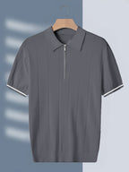 New Men's Business Fabric Shirt, Summer Men's Light Business Solid Color Casual Men's Lapel Short Sleeve Knitted Top - Grey