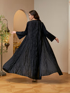 Women'S Modest Black Crinkled Pleated Abaya Open Front Long Cardigan with Belt Rhinestone Sparkle Dubai Saudi Arabia Kimono Duster Coat High Quality Pleated Robe Outerwear Banquet Evening Wear - Black