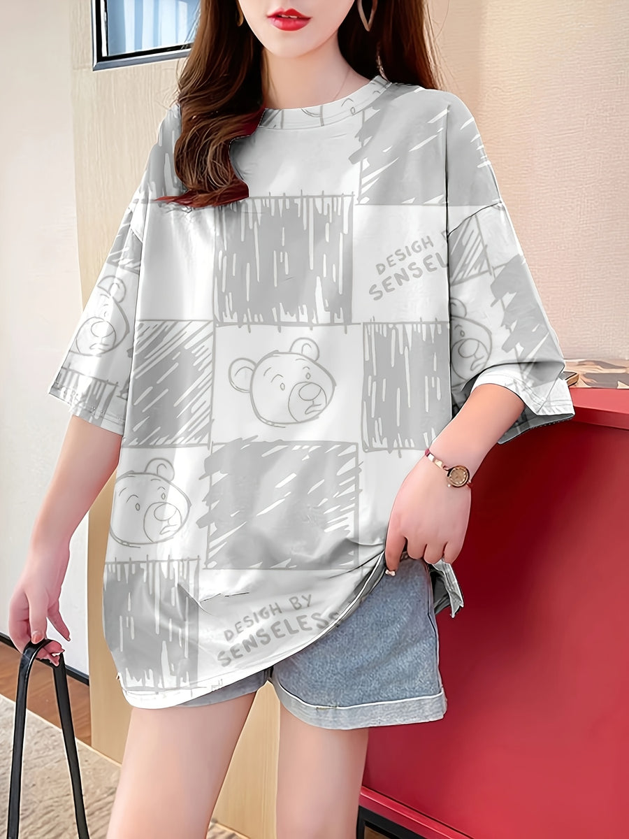 New Summer Collection of Plus-Size Loose-Fitting Stylish Cartoon Print Women'S Mid-Length Short-Sleeve T-Shirts - 228-W