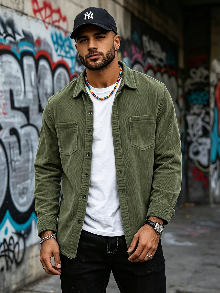 Men's Corduroy Shirt - American Retro Solid Color Long Sleeve Shirt for Men, Casual Wrinkle-Resistant Non-Iron Corduroy Shirt with Two Pockets, Trendy Versatile Corduroy Jacket for Sports, Outdoor, and Daily Wear. - Olive Green Color