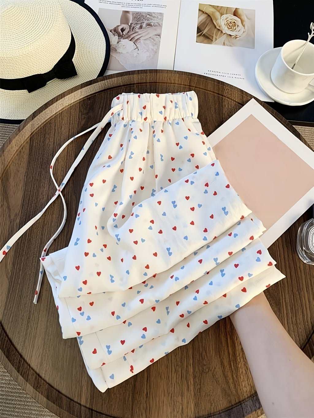 High-Waisted Loose Long Pants with Double-Color Heart Print - Mixed colors