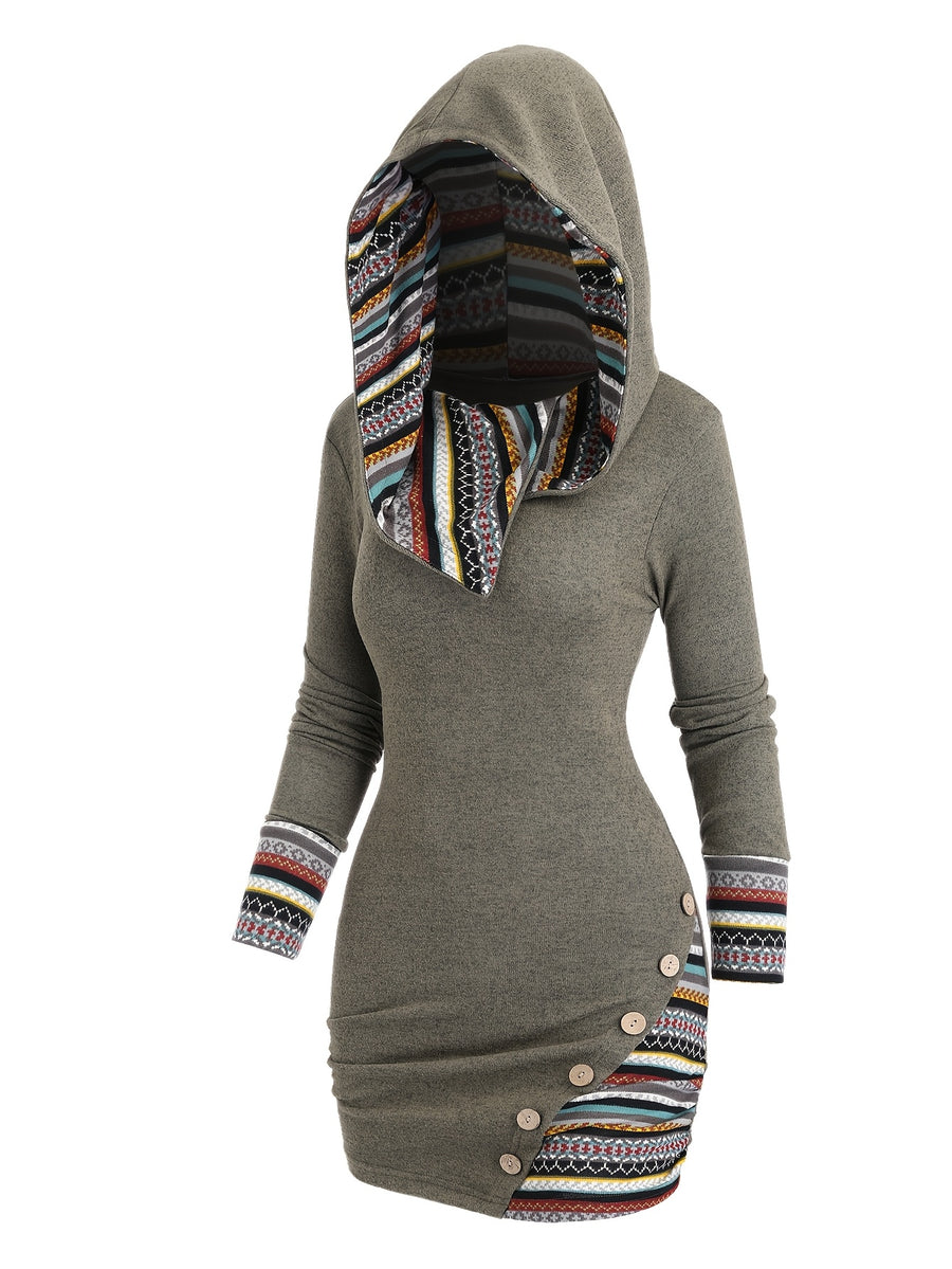 European And American Fashion Women'S Ethnic Style Geometric Striped Patchwork Hooded Long-Sleeve Fitted Dress - Military Green