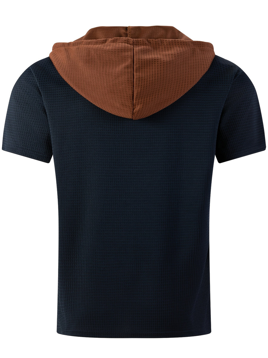 Men'S Plaid Knit Contrast Trim Hooded Sweatshirt - Short Sleeve Button-Up V-Neck Top with Chest Pocket, Vintage Street Style, for Everyday Wear - Navy Color