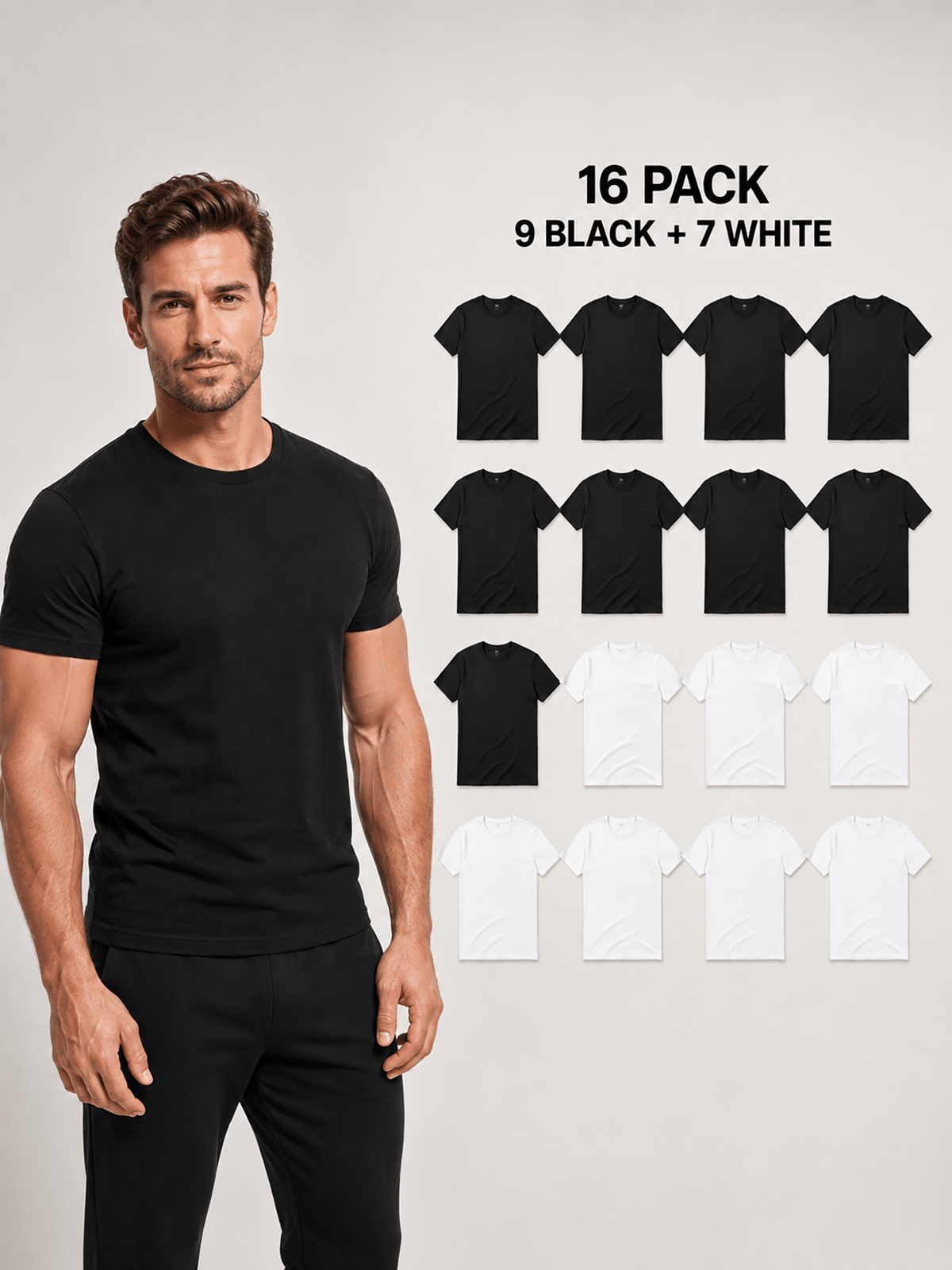16pcs Men'S 100% Round-Neck Solid Color Short-Sleeve T-Shirts, Black And White, Soft And Breathable Basic Undershirts, Suitable for Daily Casual Wear, Sports, And Outdoor Wear - 9 Black 7 White 16 Pack