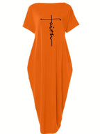 Faith Letter Off-The-Shoulder Pocket Dress Women'S Loose Casual Style Long T-Shirt Dress Features: Off-The-Shoulder Design Is Lazy And Casual, with a Easy And Eye-Catching "Faith" Letter Print on The Front; The Loose Long Style Hides Flaws And Slims - Orange-Red