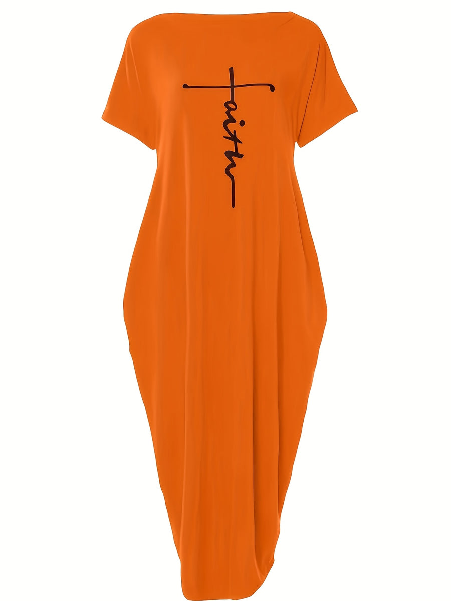 Faith Letter Off-The-Shoulder Pocket Dress Women'S Loose Casual Style Long T-Shirt Dress Features: Off-The-Shoulder Design Is Lazy And Casual, with a Easy And Eye-Catching "Faith" Letter Print on The Front; The Loose Long Style Hides Flaws And Slims - Orange-Red