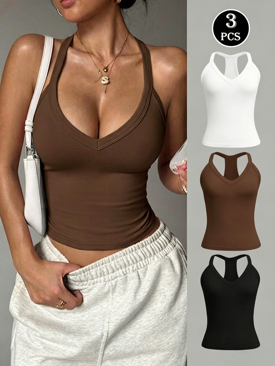 3pcs/set Y-back Cropped Tank Top, V-neck Sleeveless Slim-fit Basic T-shirt, Suitable for Daily and Casual Wear, Yoga, Running, Fitness, Stretchy Athletic Workout Tank Top, Breathable - White + Red Coffee + Black