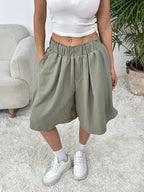 Summer Thin Loose Wide-Leg High-Waist Basic Style Casual Japanese Outer Wear Skirt - Olive