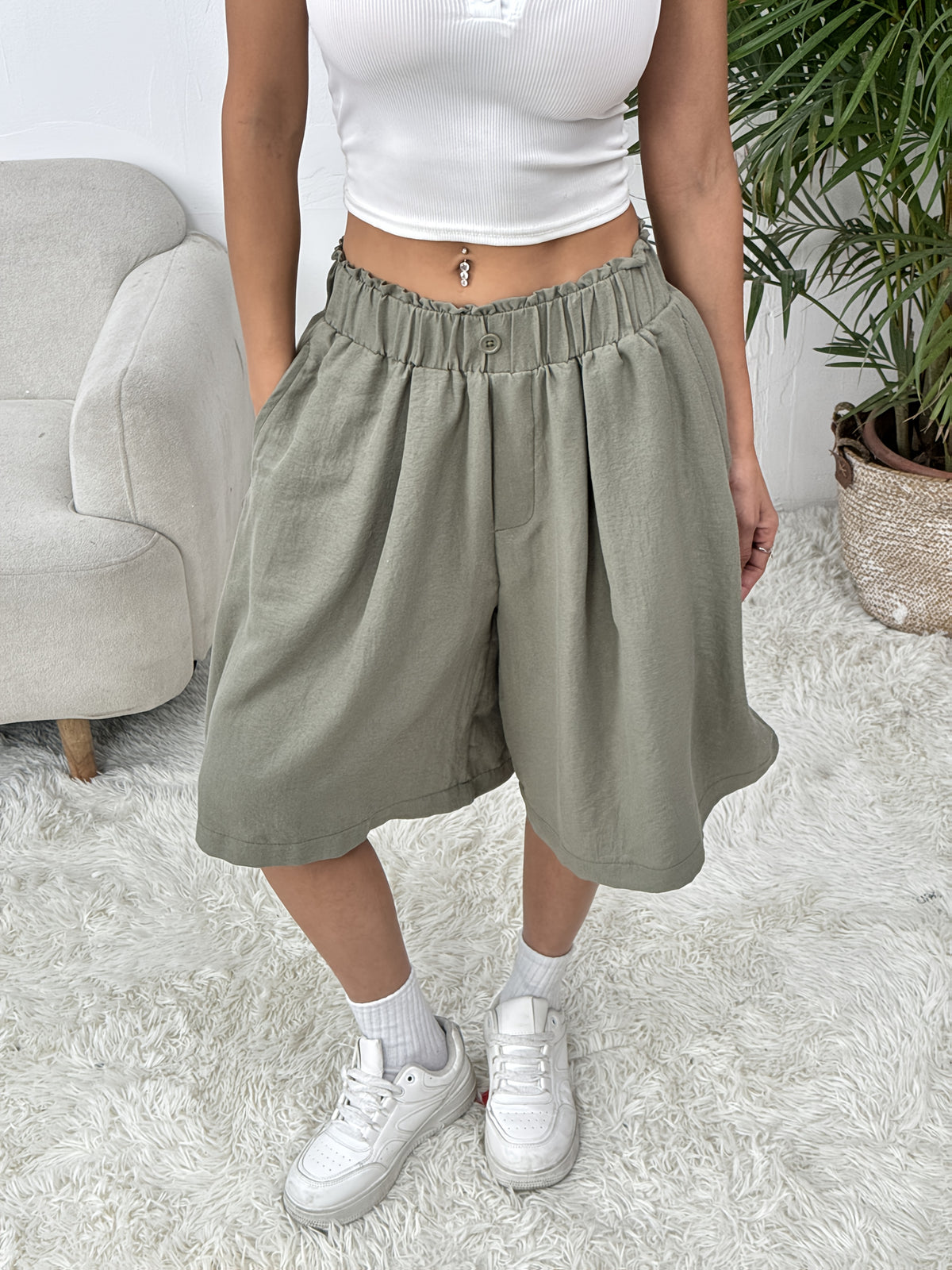 Summer Thin Loose Wide-Leg High-Waist Basic Style Casual Japanese Outer Wear Skirt - Olive