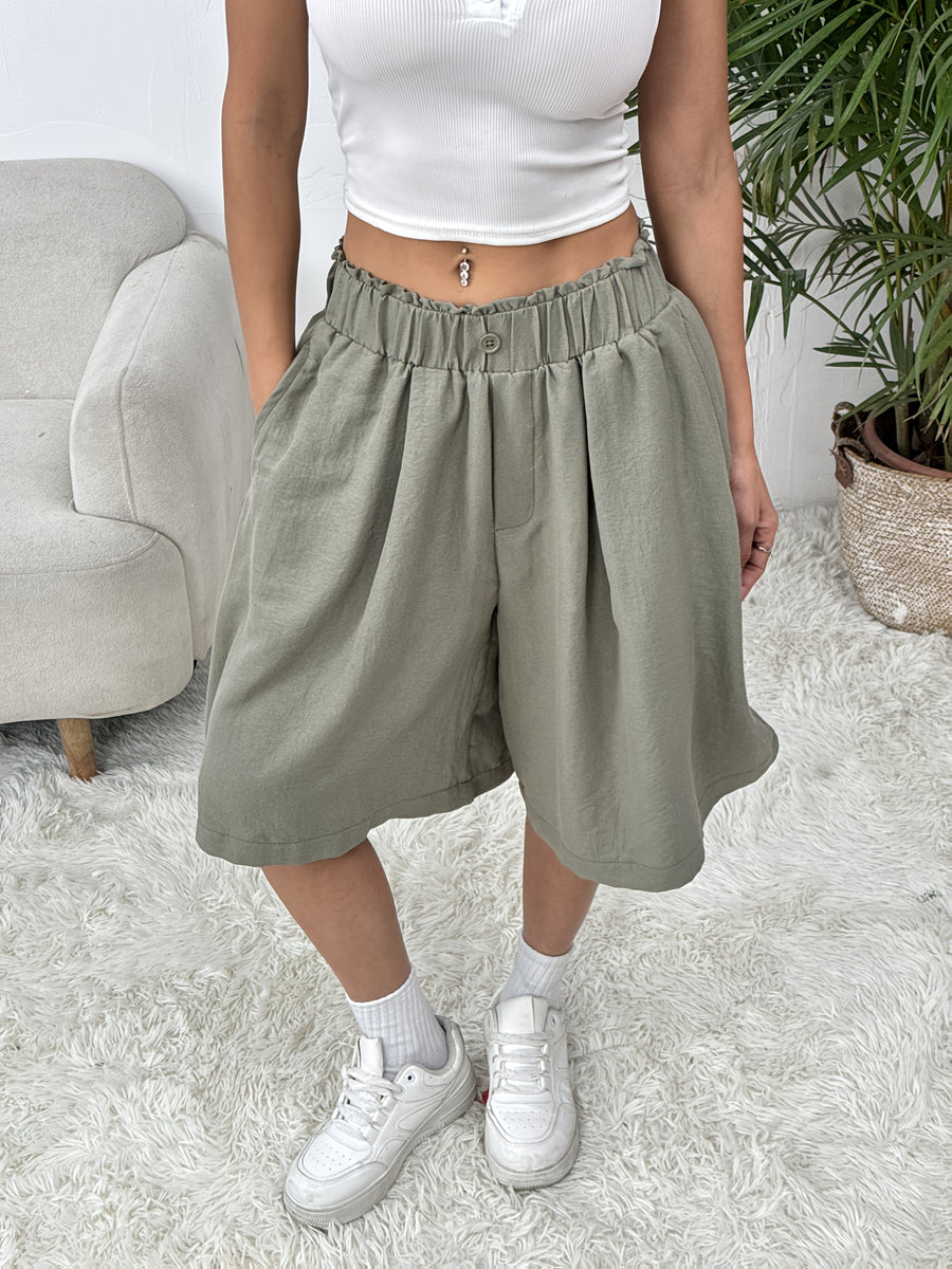 Summer Thin Loose Wide-Leg High-Waist Basic Style Casual Japanese Outer Wear Skirt - Olive