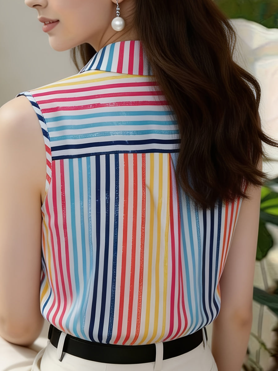 Elegant Women's Striped Sleeveless Blouse, Beach Vacation Shirt, Casual Commuter Style Vest - Stripe
