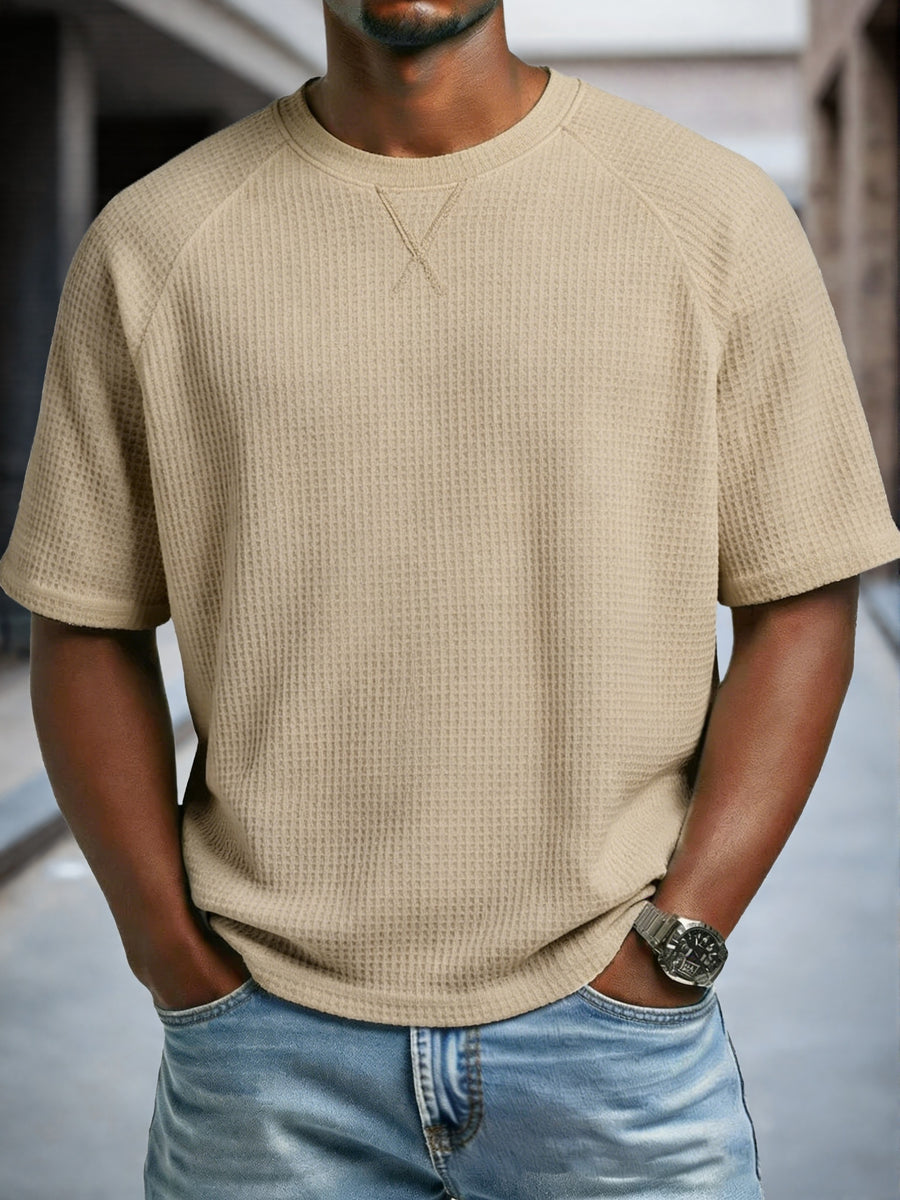 Men'S Waffle Knit T-Shirt Short Sleeve Crew Neck Casual Top, Breathable Textured Fabric Soft Lightweight Comfort Tee, Loose Fit Everyday Wear Perfect for Summer Street Style, Travel, Outdoor Activities And Daily Casual Outfit - Khaki