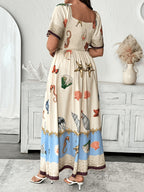 Plus Size, Classic Square-neck Dress with Ruffled Cuffs, Tropical Ocean Print, Plus Size - Multicolor