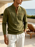 Men'S Fashion Easy Contrast Stand Collar Comfortable Versatile Casual Men'S Henley Long Sleeve Shirt Spring Fall Home Outdoor 1pc - Military Green