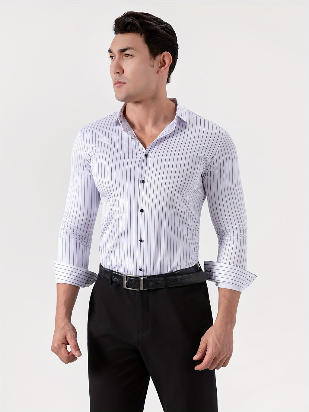 Seamless High-Elasticity Pressed Hem Wrinkle-Free Men's Long-Sleeve Striped Fashion Casual High-End Button-Up Cardigan Four-Way Stretch Men's Top, Fabric Weight 160g, Material 88% Polyester Fiber 12% Spandex - White Bars