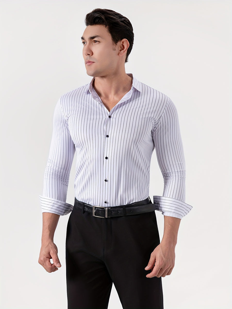 Seamless High-Elasticity Pressed Hem Wrinkle-Free Men's Long-Sleeve Striped Fashion Casual High-End Button-Up Cardigan Four-Way Stretch Men's Top, Fabric Weight 160g, Material 88% Polyester Fiber 12% Spandex - White Bars